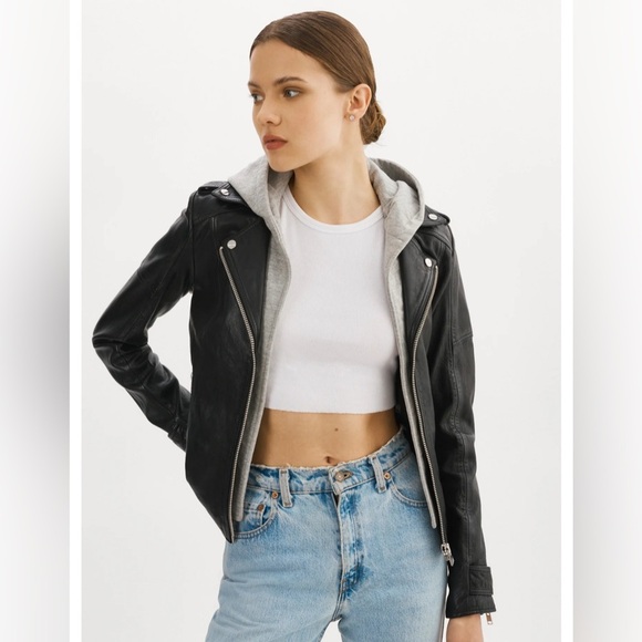 Lamarque ANNA LEATHER BIKER black JACKET Gray Hoodie lambskin ladies medium - Picture 1 of 11